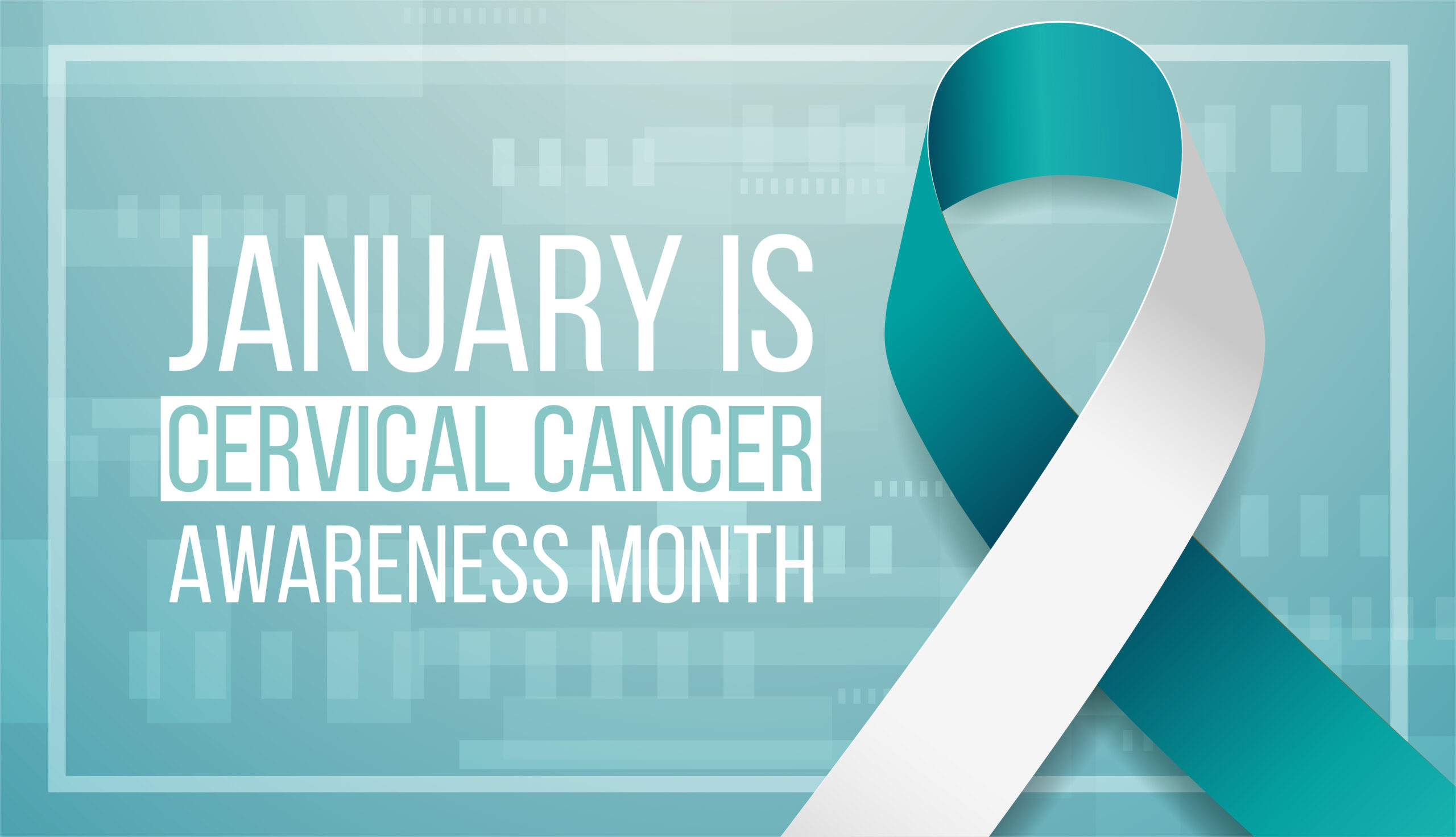 Cervical cancer awareness month banner with teal and white ribbon awareness and text. Vector illustration.