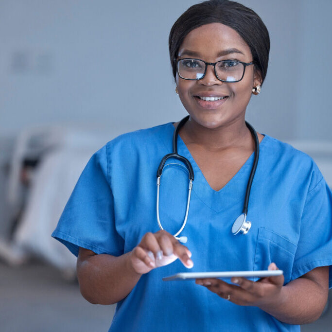 Black woman, portrait and nurse in hospital with tablet for healthcare planning, wellness analysis or online test. Happy nursing, digital technology and medical services of medicine, doctor or clinic